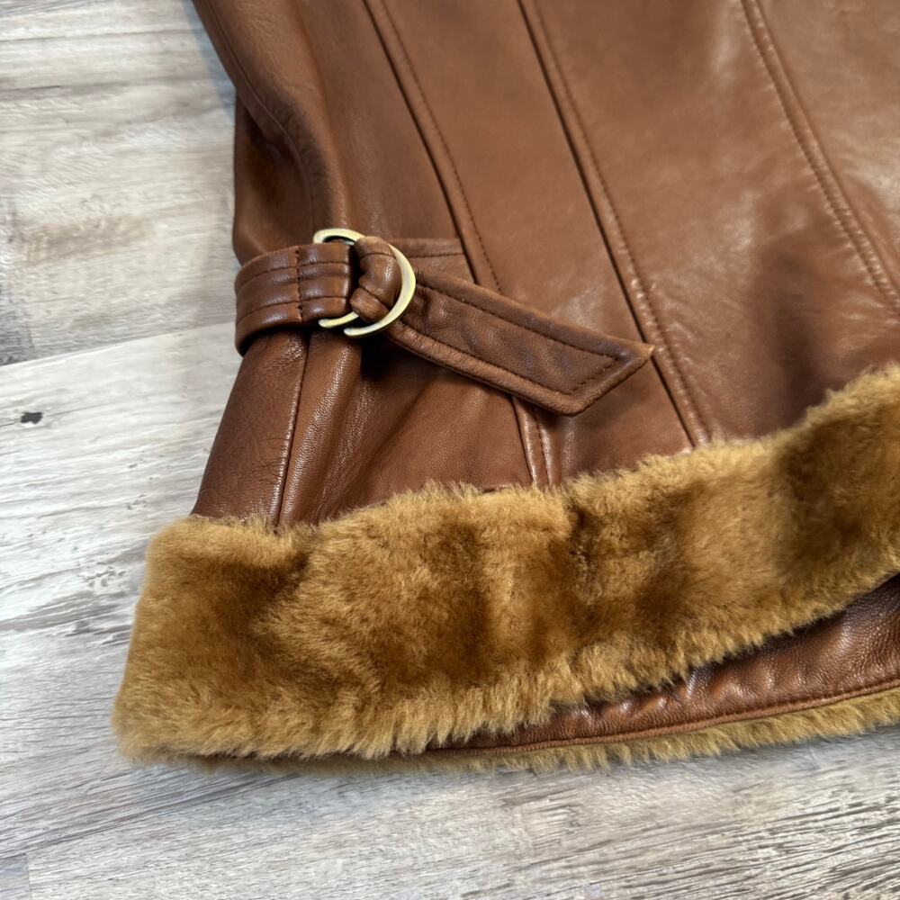 Vintage 90s Dana Buchman Brown Leather Shearling Vest Luxe Mob Wife Small - Picture 4 of 9